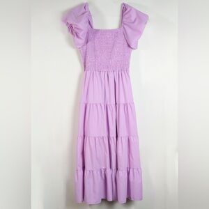 Midi Dress Puffy Short Sleeve Square Neck Smocked Tiered Ruffle Dress